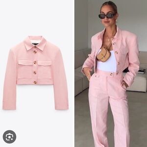 ZARA LINEN BLEND CROPPED BLAZER blogger’s favorite Blush Pink color Size M NWT